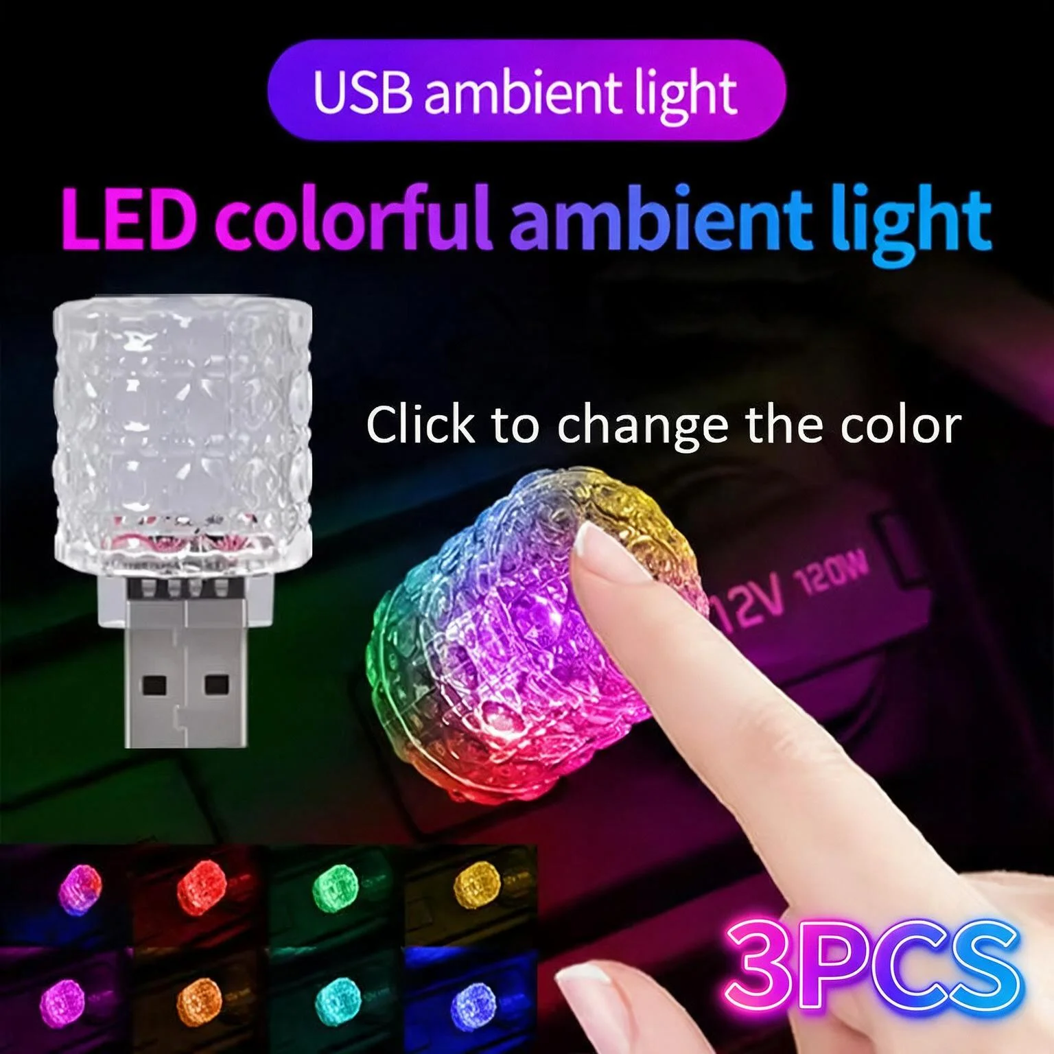 3PCS USB Touch Car Atmosphere Light LED Interior Ambient Lamp Color Changing Touch Sensor Reading Night Light USB Powered Decorative for Car Interior Auto Accessories Vehicle