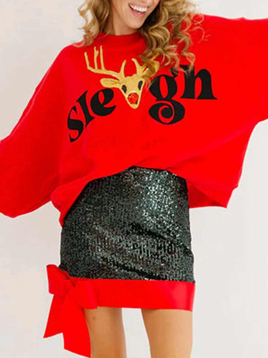 Autumn Spring Coat Y2K Women's Christmas Loose Pullover Sparkly Rhinestone Letter Print Long Sleeve Crew Neck Sweatshirt