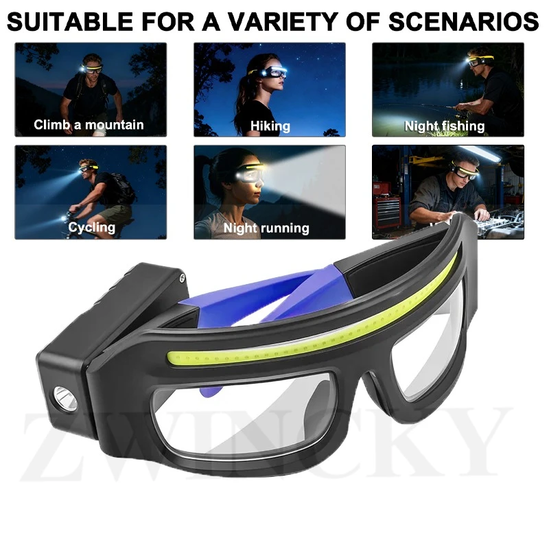 

Светодиодные очки, перезаряжаемые очки для фар с датчиком движения и сенсорным управлением, 5-режимные очки с подсветкой USB-C, очки с подсветкой