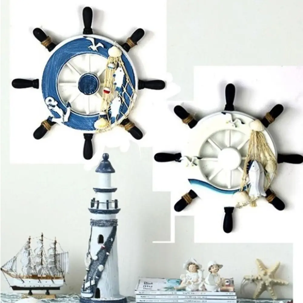 Mediterranean Style Decoration Crafts Art Fishing Net Beach Wall Decor Wooden Boat Hanging Decoration Ship Steering Wheel