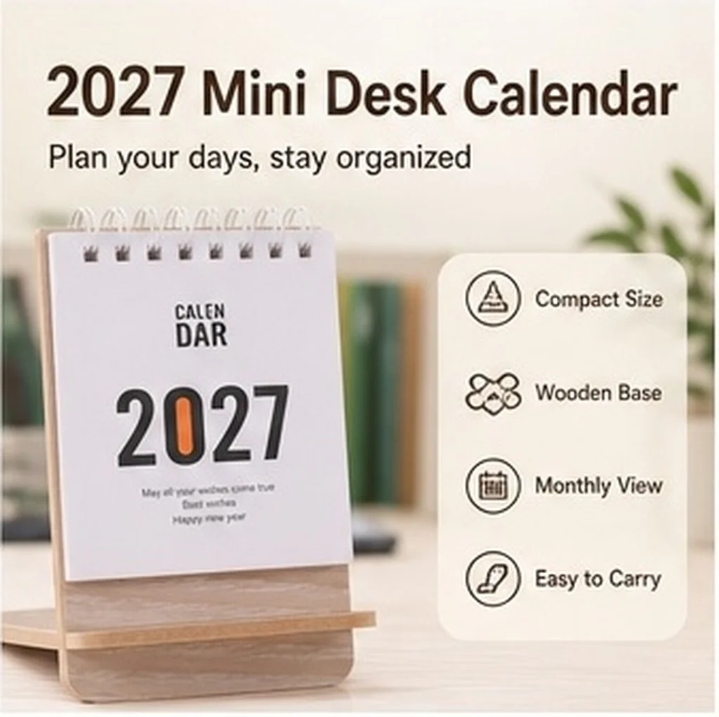 Mini Desk Calendar 2027 with Wood Base Yellow Monthly Calendar Stand Up Cute Small Desktop Decor for Academic Year Calendar