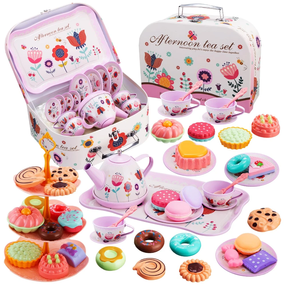 WizKidz Princess Tea Set for Little Girls with Teapot Biscuits Cake Dessert Carrying Case Donut Pretend Kitchen Toy for Ages 3+