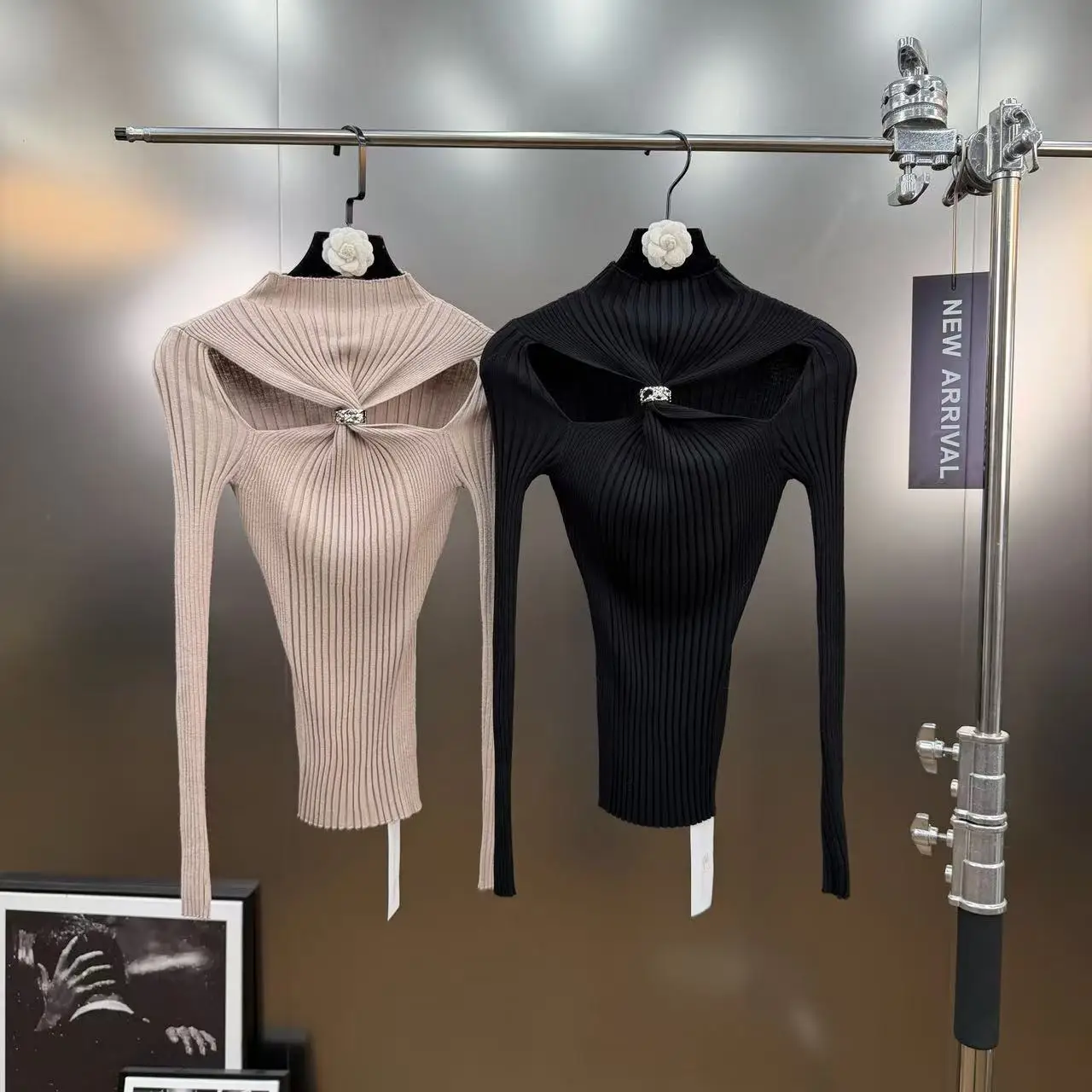 High Street Tshirts Women's Spring Semi High Neck Drill Button Hole Hollow Knit Sweater Slim Fit and Slimming Sweater Tshirt Top