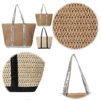 Women Straw Tote Handbag Large Capacity Sequins Crochet Beach Handbag Contrast Color Weaving Travel Bag Ladies Summer Daily Bag