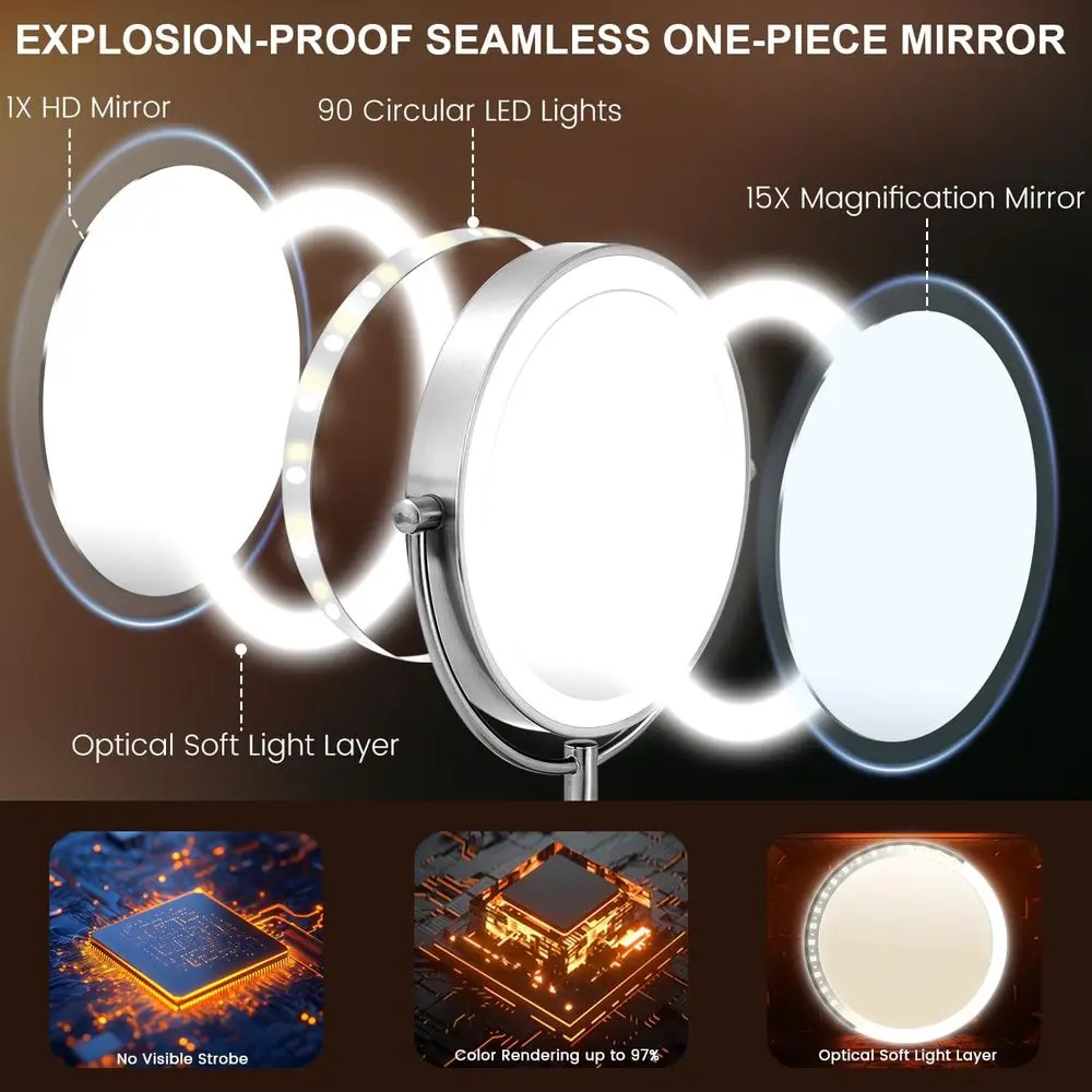 9 Miroir de maquillage éclairé par LED double face avec batterie 5000 mAh, 360 °   Rotation pour voyage, finition nickel perlé