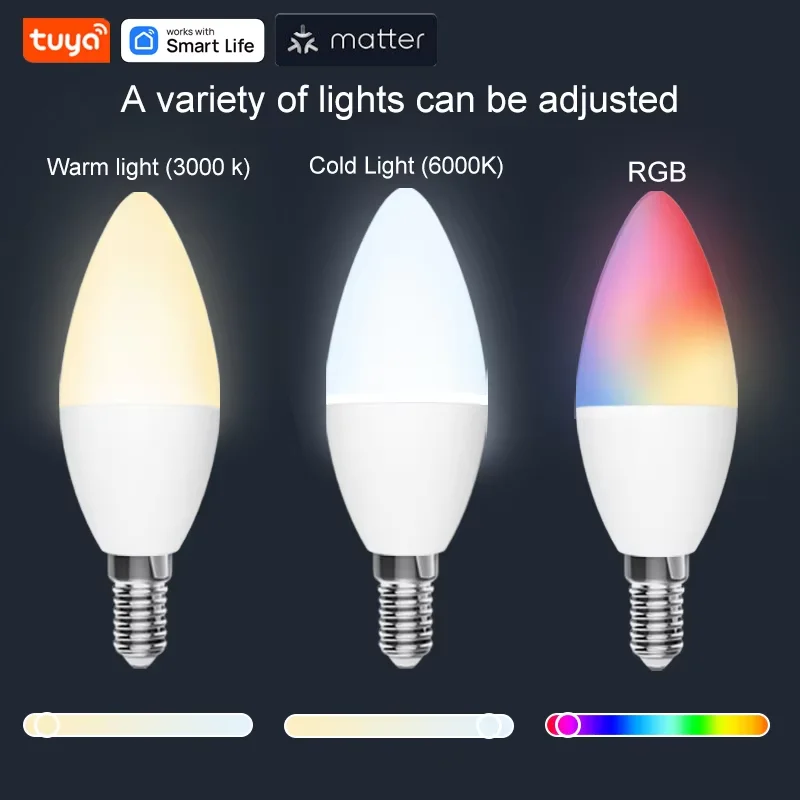 Tuya Matter Wifi Smart LED Lights E14/E12 5W RGB+CW 100-240V Candle Control Dimmable work with Homekit  Apple APP at Christmas