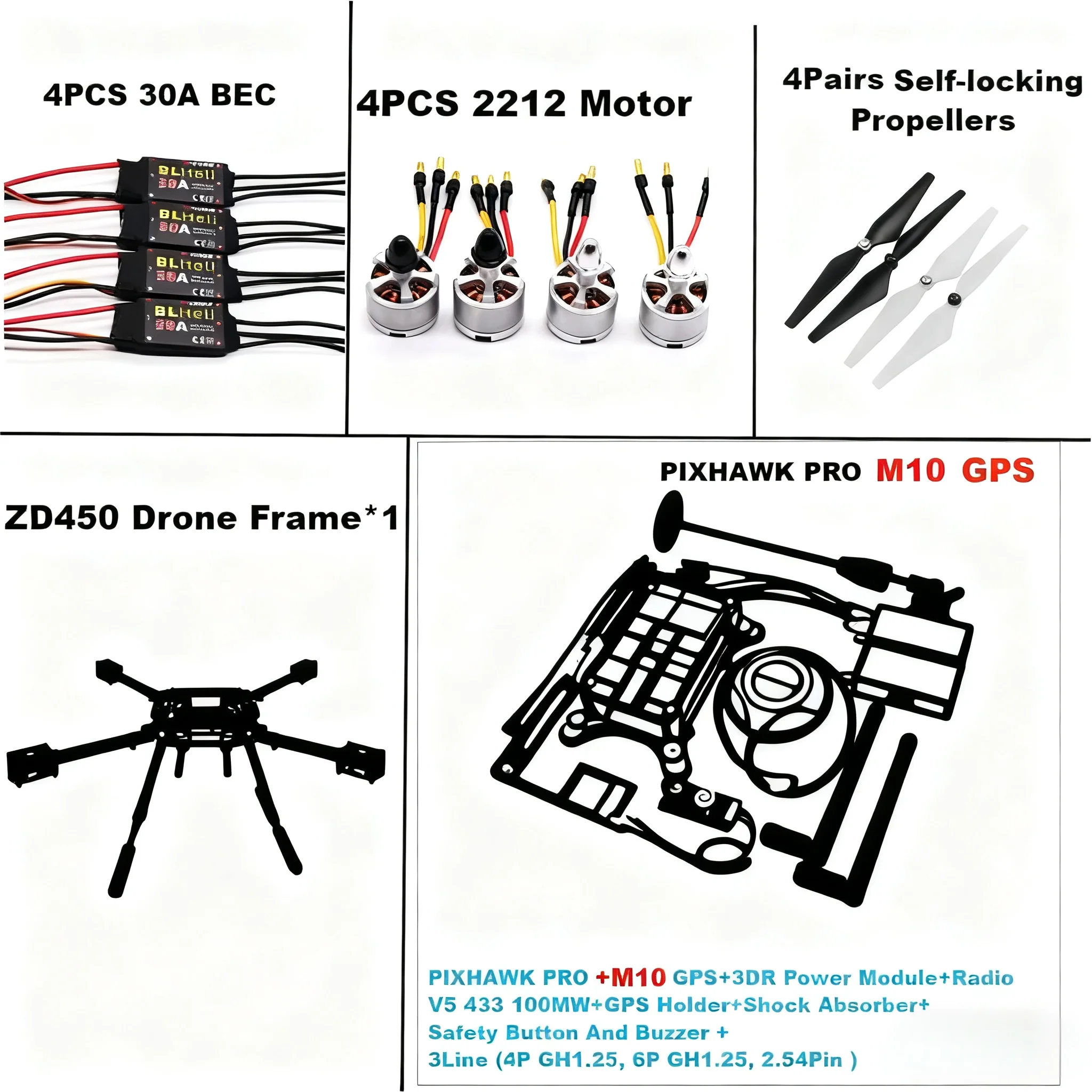 

RC PIXHAWK PRO Flight Control M10 Carbon Fiber 450 Frame Kit Ardupilot 100MW Radio Telemetry Quadcopter BLHELI 30A ESC2212 Motor