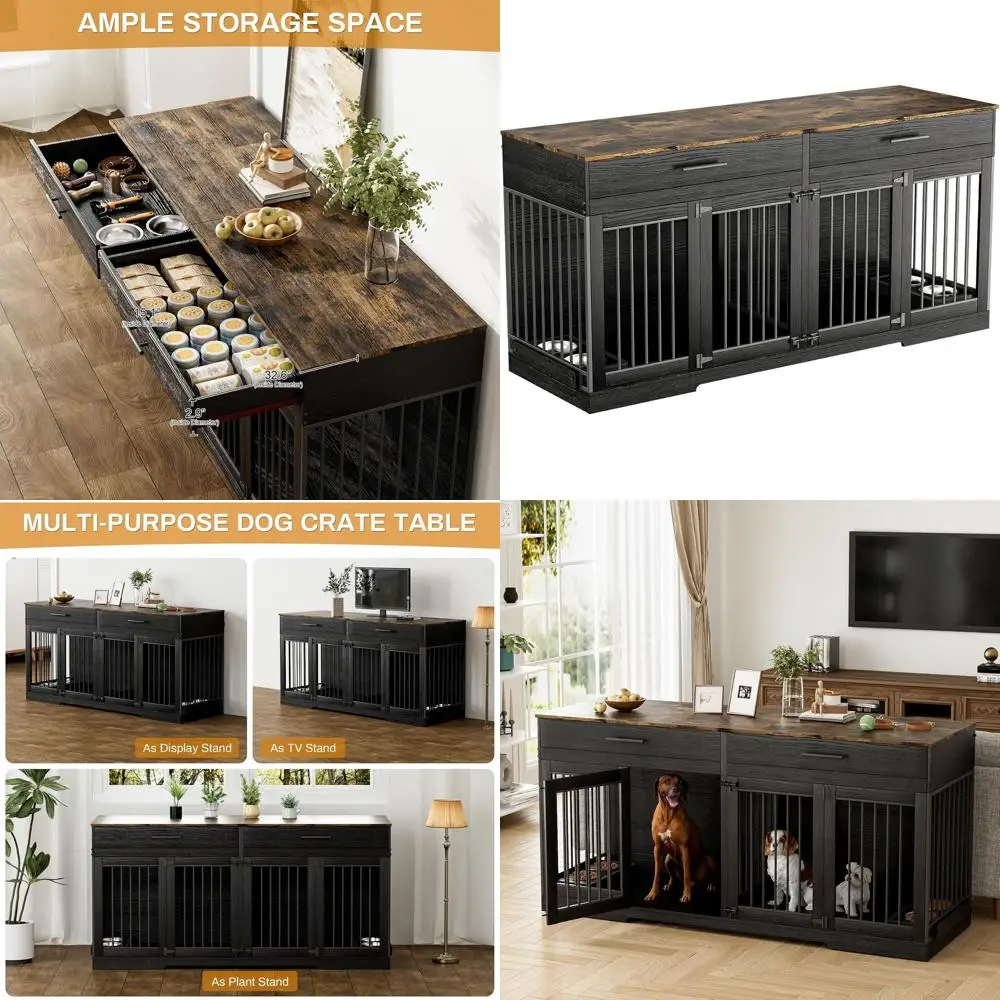 

Large 72 Wooden Dog Kennel with 2 Doors, Double Door & Divider, Heavy Duty Indoor Cage for Large Dogs, Black