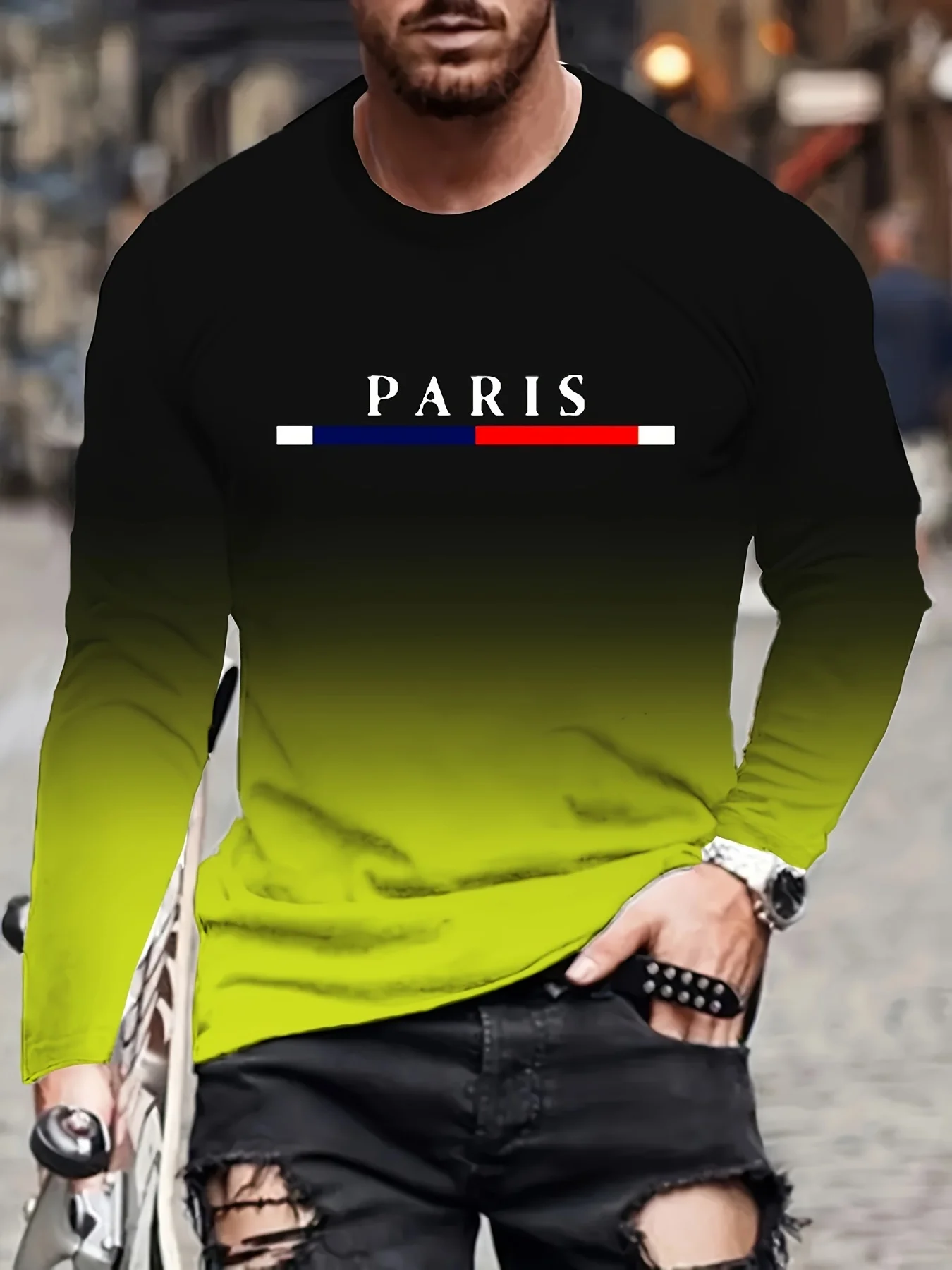 Men Gradient Paris Graphic Print T-shirt, Casual Long-sleeved Round Neck T-shirt, Men's Outdoor Clothing Spring And Autumn Wear