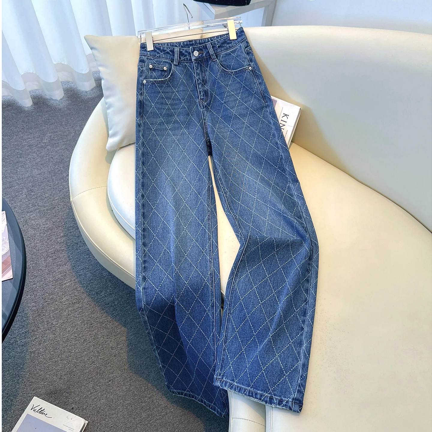 

Джинсы прямого кроя с высокой талией, модные, брендовые, с эффектом «бриллиант», деним, в стиле High Street, женские, премиум-класса, свободного кроя, с микроэластичностью