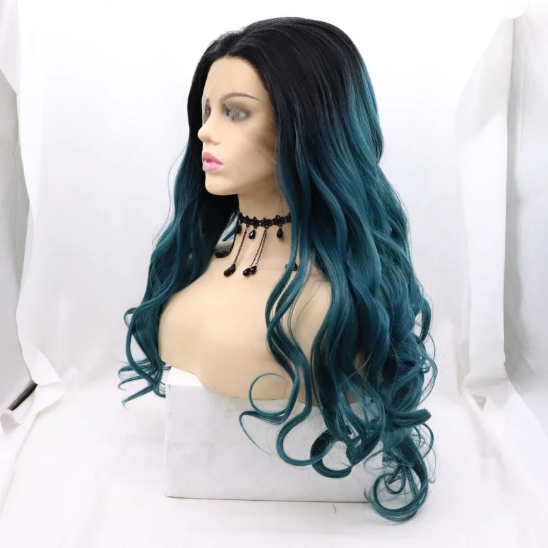 Synthetic fiber wig, hand-woven front lace, gradient color long curly hair, comfortable rose net cap