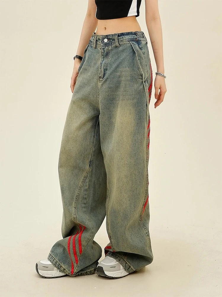 Kobiety Niebieskie dżinsy w paski Y2k Harajuku Baggy Denim Trousers Vintage Jeans Pants Estetyczny japoński styl 2000s Tandetne ubrania 2024