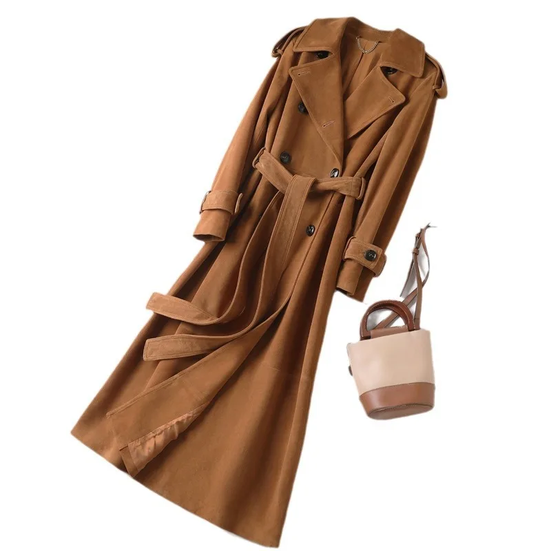 Genuine Leather Jacket Women Autumn Winter Double Breasted Suit Collar Belt Slim Long Trench Coat Vintage Sheepskin Suede Jacket