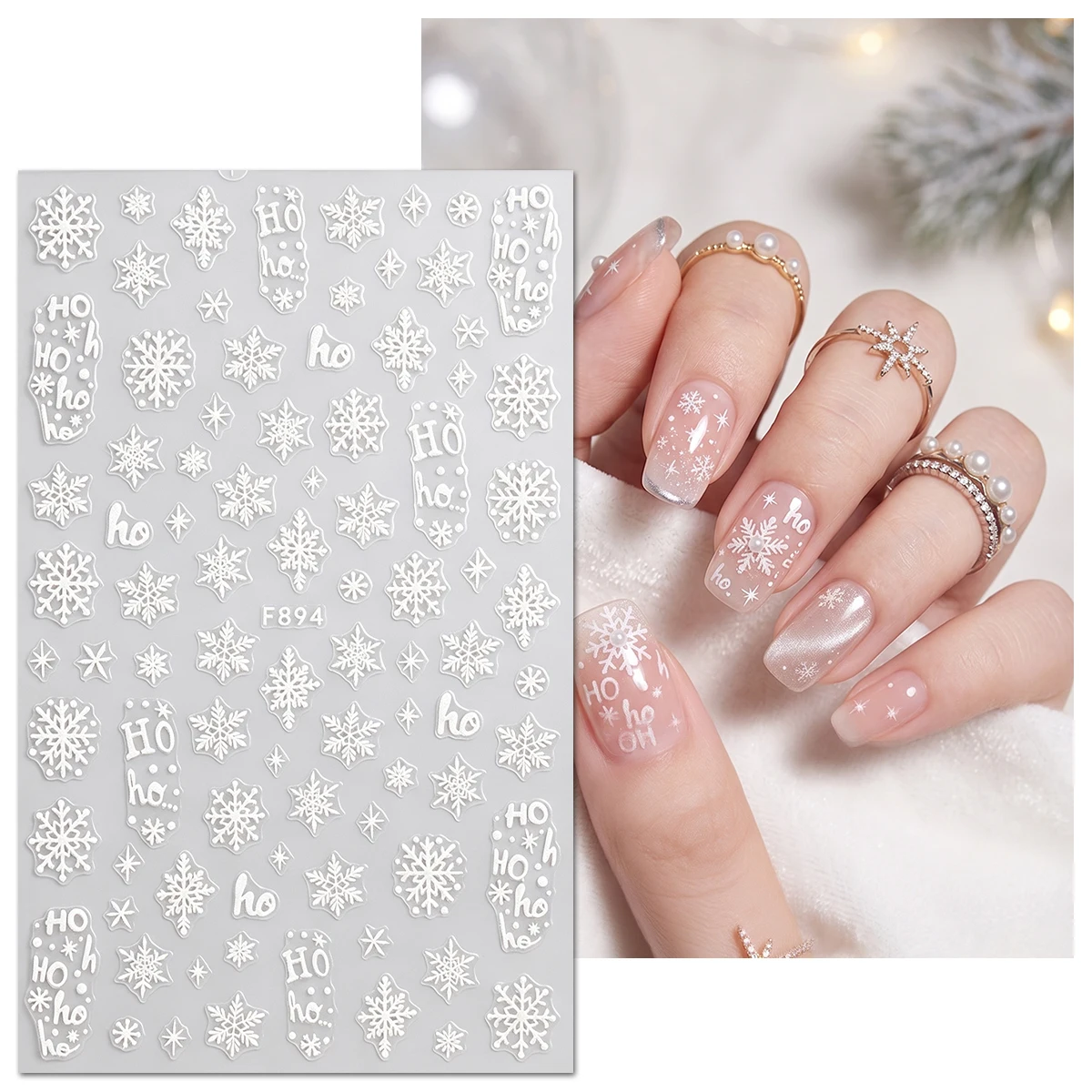 2PCS White Christmas Nail Stickers, Glitter Bow Snowflake Decals, Winter Nail Artist Supplies for New Year Holiday Party