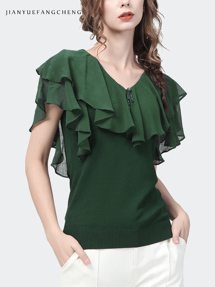 2022 Summer Ruffle Chiffon Blouse Women Top Short Sleeve Spliced Knit Shirt Bottoming Shirts Fashion Slim Casual Small Shirts