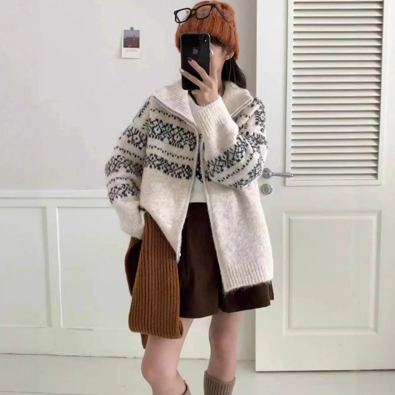 

Knitted Women Cardigan Sweater Geometric Jumpers Turn Down Collar Zipper Long Sleeve Loose Office Lady Casual 2025 Autumn Winter