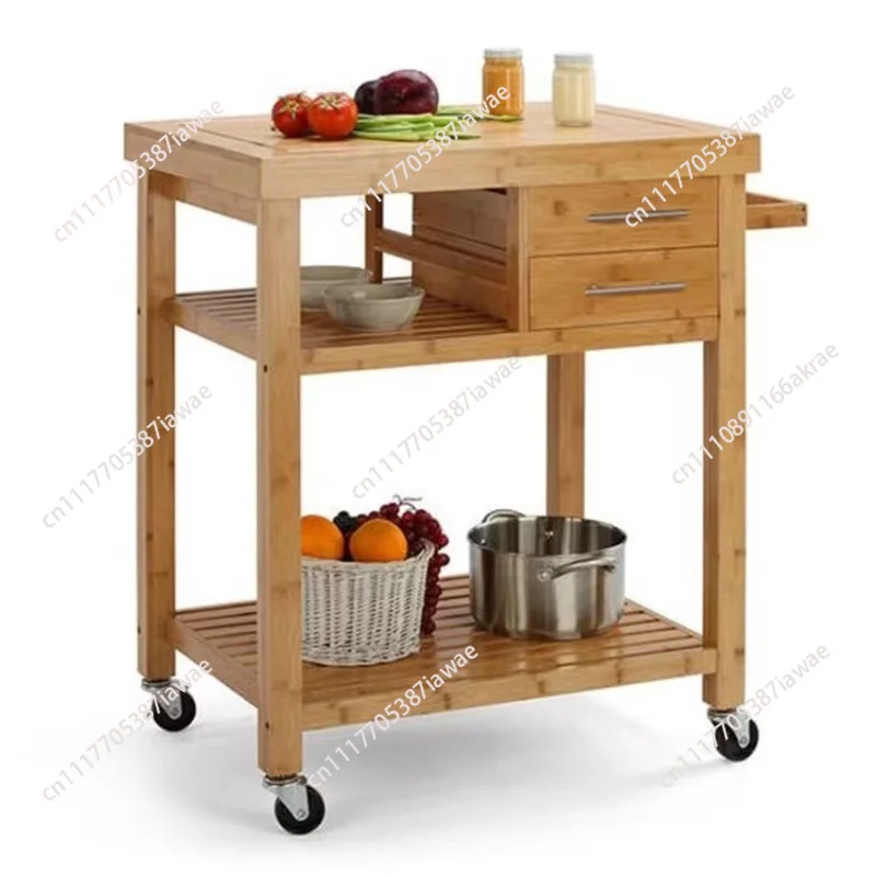 Bamboo kitchen mobile food truck with drawers, movable kitchen rack food truck