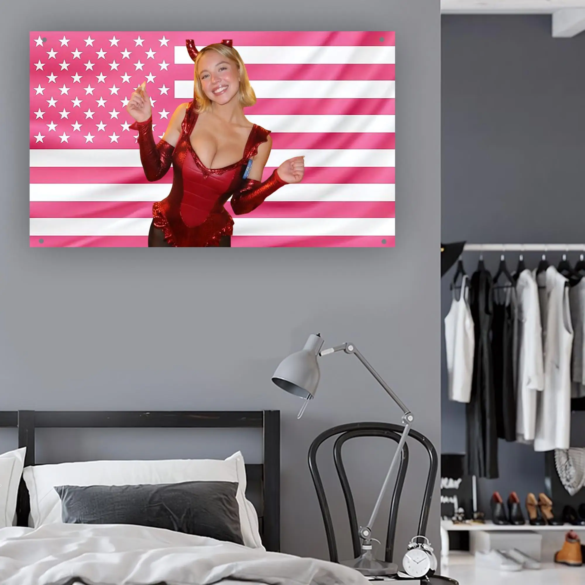 Drapeau mural rose Sydney Sweeney avec drapeau américain, décoration esthétique Euphoria Star pour dortoir et salle de fraternité