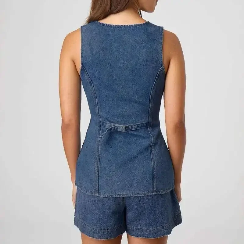 

Fashion Two-piece Set For Women Trendy Casual Single Breasted Vests Female High Waist Denim Shorts Spring New