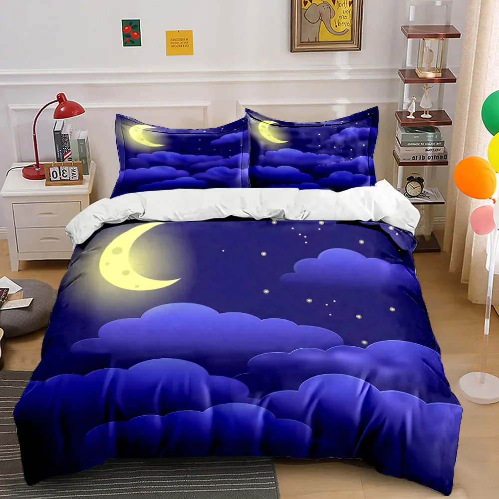 

Moon in Night Sky with Purple Clouds Pattern Duvet Cover Set Digital Print Colorful Polyester Bedding with Zipper Closur