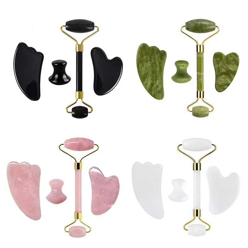 4pcs Natural Jade Roller Gua Sha Set Gouache Scraper For Face Massage Beauty Facial Lift Body SPA Scraping Skin Care Tools