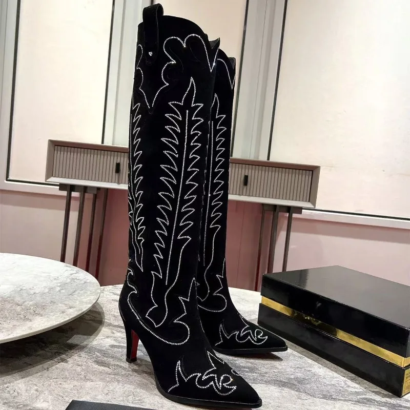 New red sole shoes Women Size35-43 Natural Cow Suede Boots Super High Heels Crystal Embroider Rivets Knee High Boots Zapatillas