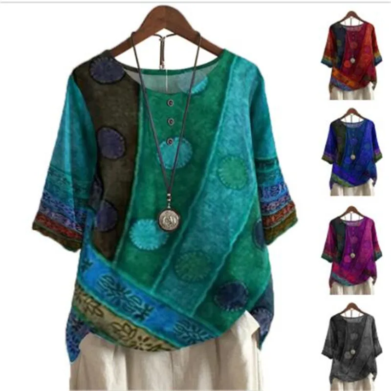 Ethnic Style Women's O-neck Digital Vintage Print Loose Shirt Oversized Half Sleeve Blouses Tops Women Harajuku Casual Pullover