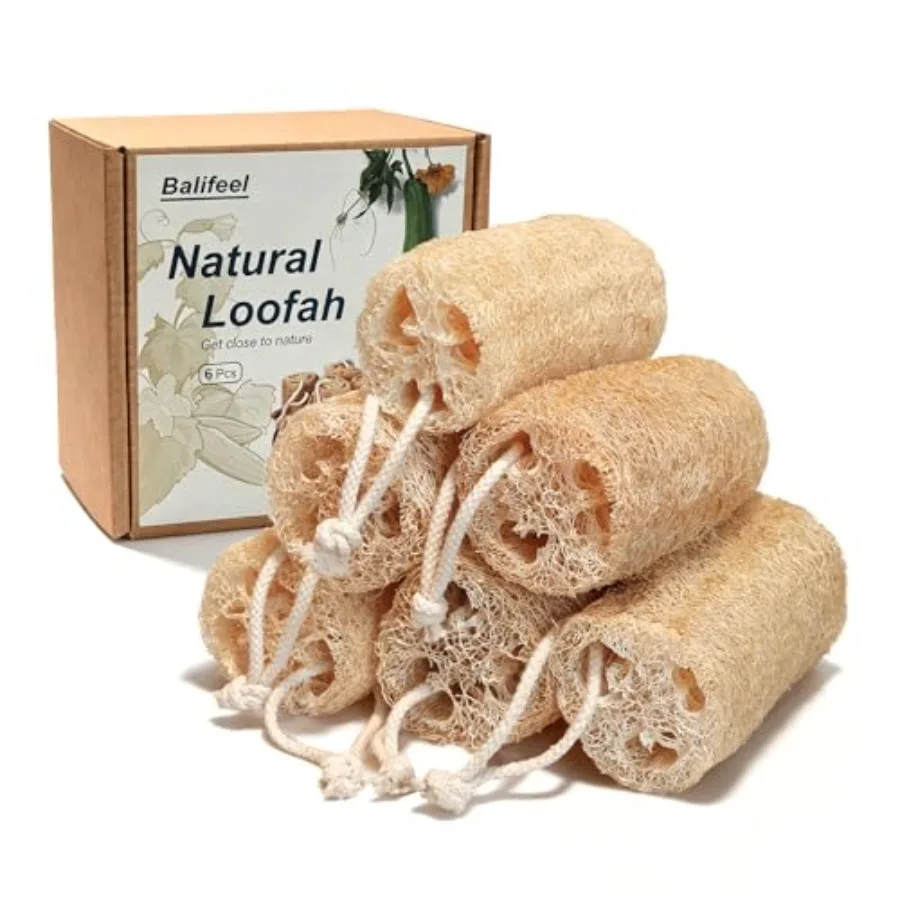 Natural Loofah Sponge Organic Loofa Set 6 Pack, Exfoliating Body Scrubber Shower Luffa Men and Women for Bath Cleaning Skin Bac
