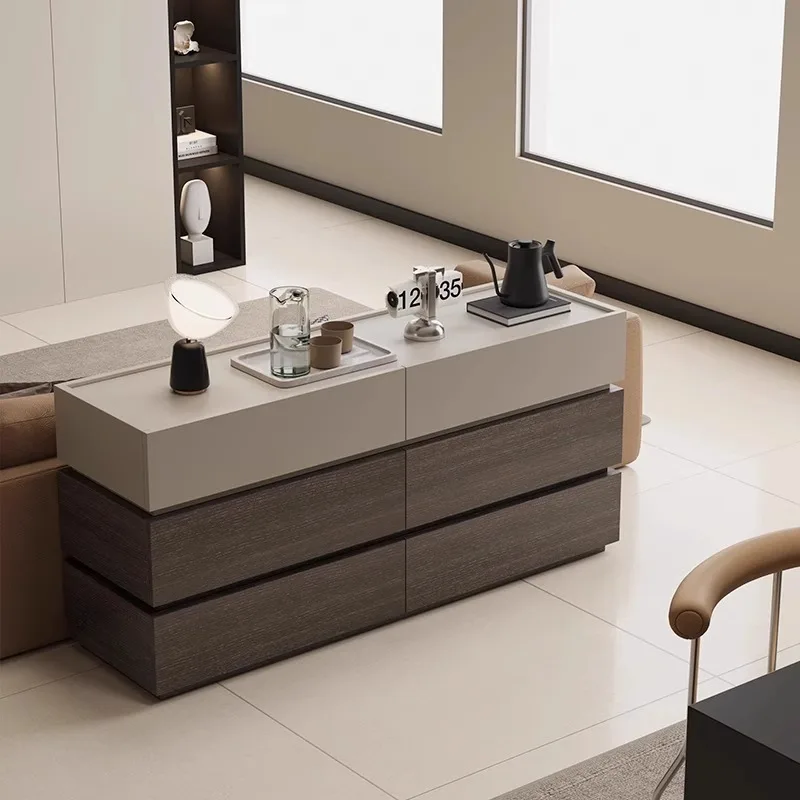 The living room is integrated against the wall, a modern and simple solid wood side storage cabinet