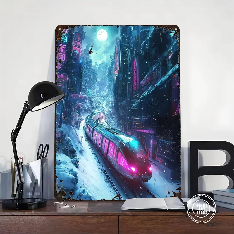 Cyberpunk Train in Snowy Cityscape Metal Poster Custom Wall Art Retro Vintage Tinplate Signs for Bedroom Decoration Room Decor