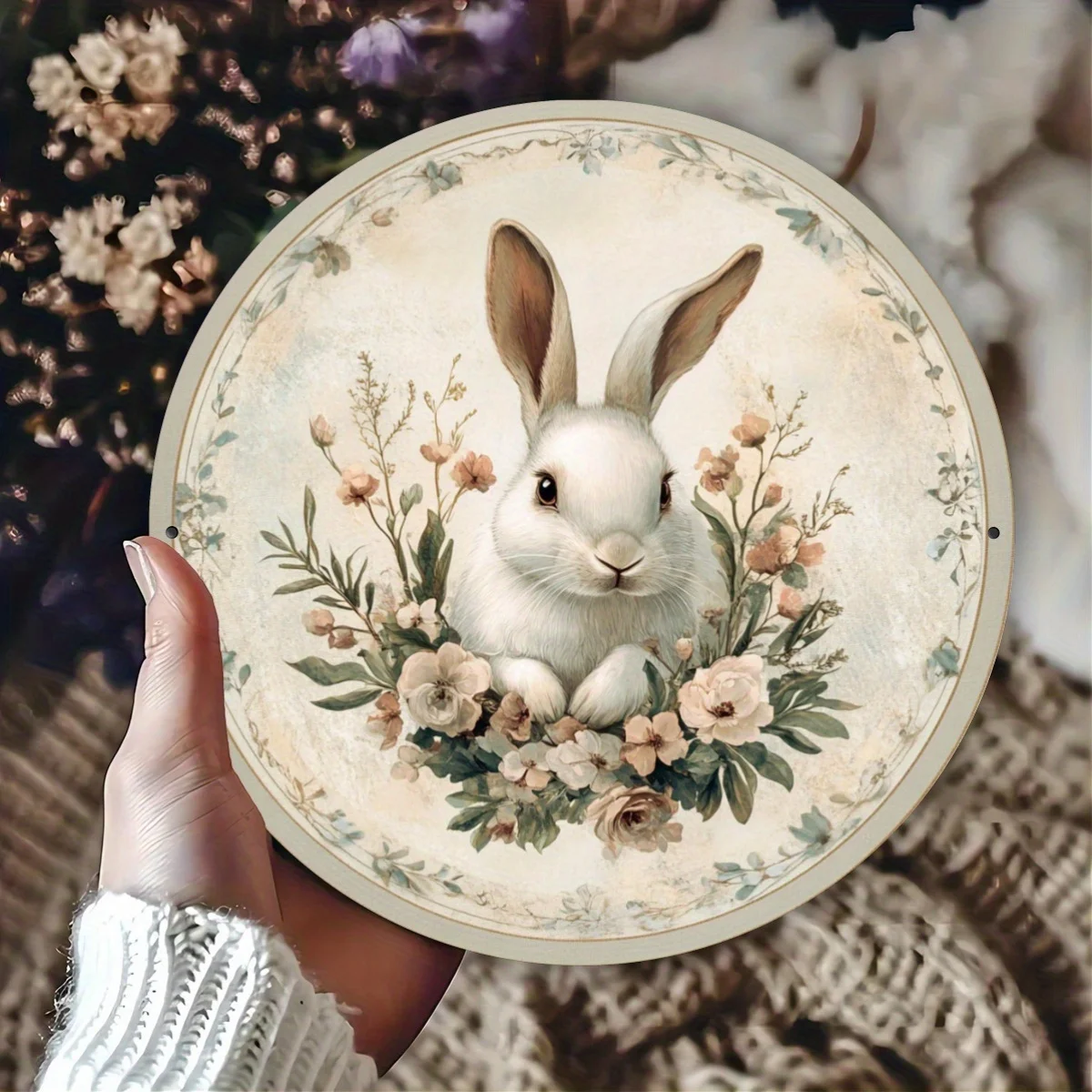 Room Decor 1pc Easter Bunny Wreath Aluminum Sign, 20.32x20.32 cm Round Metal Wall Decor, Vintage Rabbit Floral Art, Indoor/Outdo