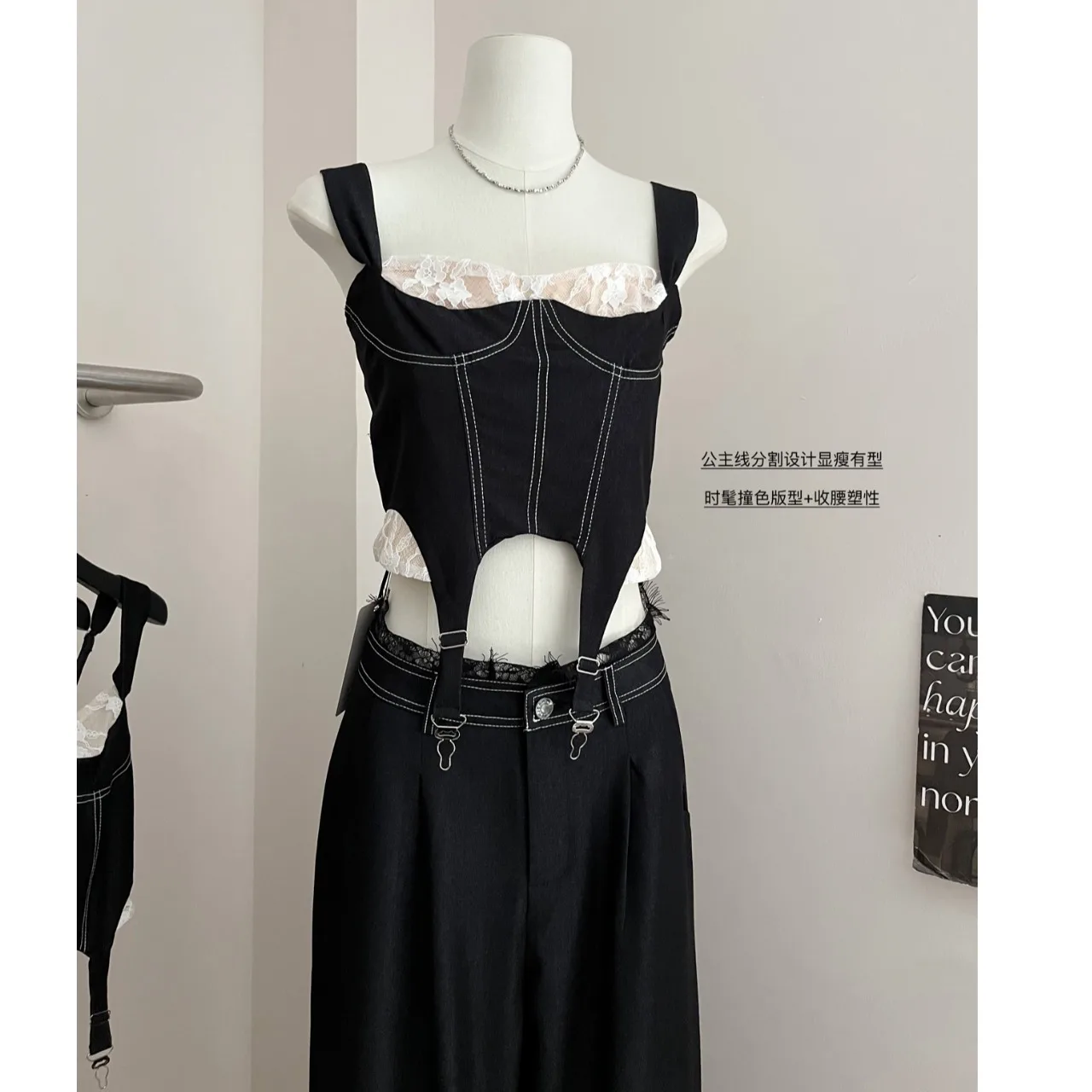 Summer Women Dark Academia Vintage Lace Denim Camisole Gyaru Halter Tops Y2k Streetwear Coquette 2000s Aesthetic Cute Core Tide