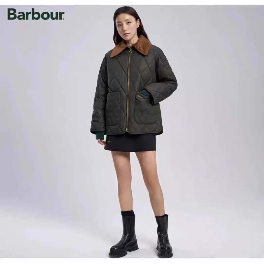 Barbour women\'s classic diamond check lapel zipper cotton jacket loose casual silhouette OS version