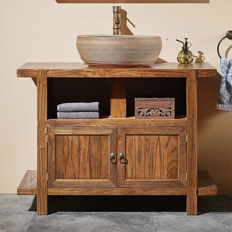 Retro classic elm solid wood washbasin  wash  modern new Chinese bathroom  ombination landing.