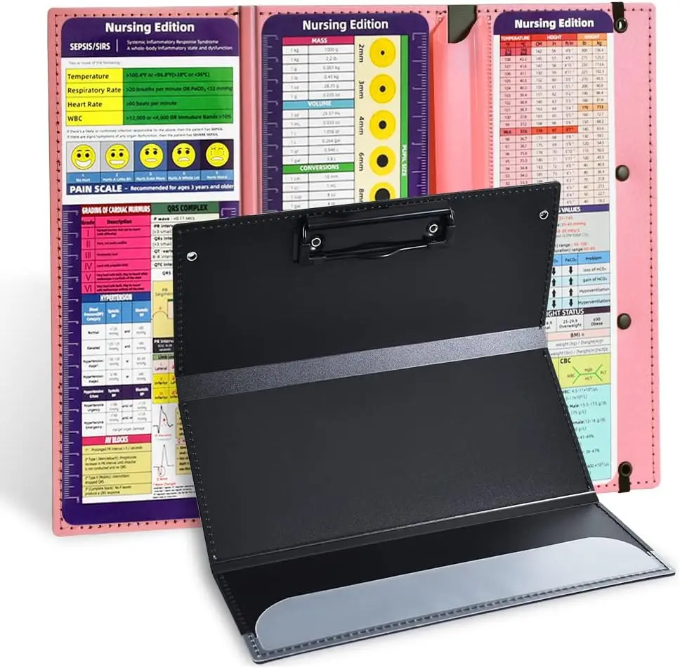 

3-Layer Foldable Plastic Clipboard with Medical Cheat Sheets, Pink, for Nurses & Students