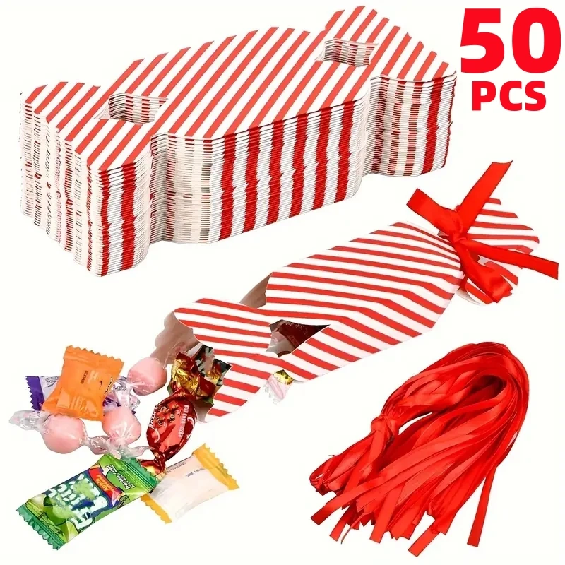 50pcs Candy Box For Christmas With Ribbons DIY Sweets Chocolate Cookies Decoration Party Gift Xmas Wedding Paper Packaging Boxes