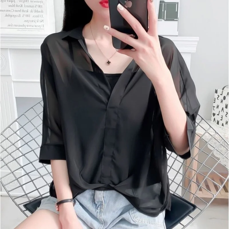 Summer Half Sleeve Loose V-Neck Women Blouse Chiffon Two Piece Set Tops Casual Elegant Clothes