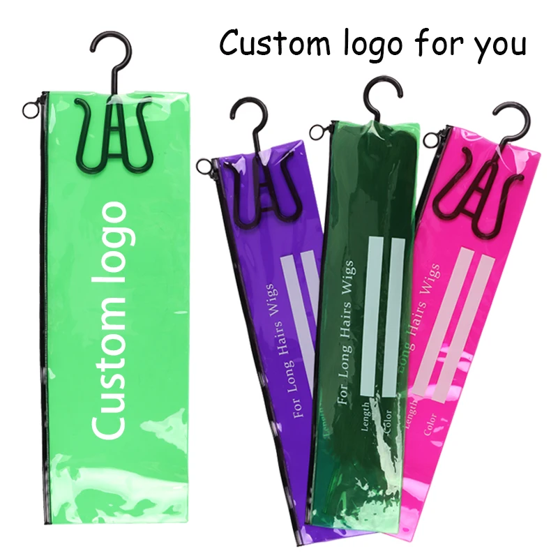 Personalized Wig Packaging For Small Businesses Custom Logo Hanging Wig Holder 10Pcs Pvc Wig Bags With Hanger For Multiple Wigs