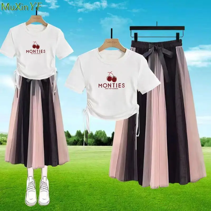 2024 Summer Women Cherry Letter Shirring Short T Shirts A-Line Skirts Two Piece Set Lady Casual White Tops Mesh Skirt Outfits