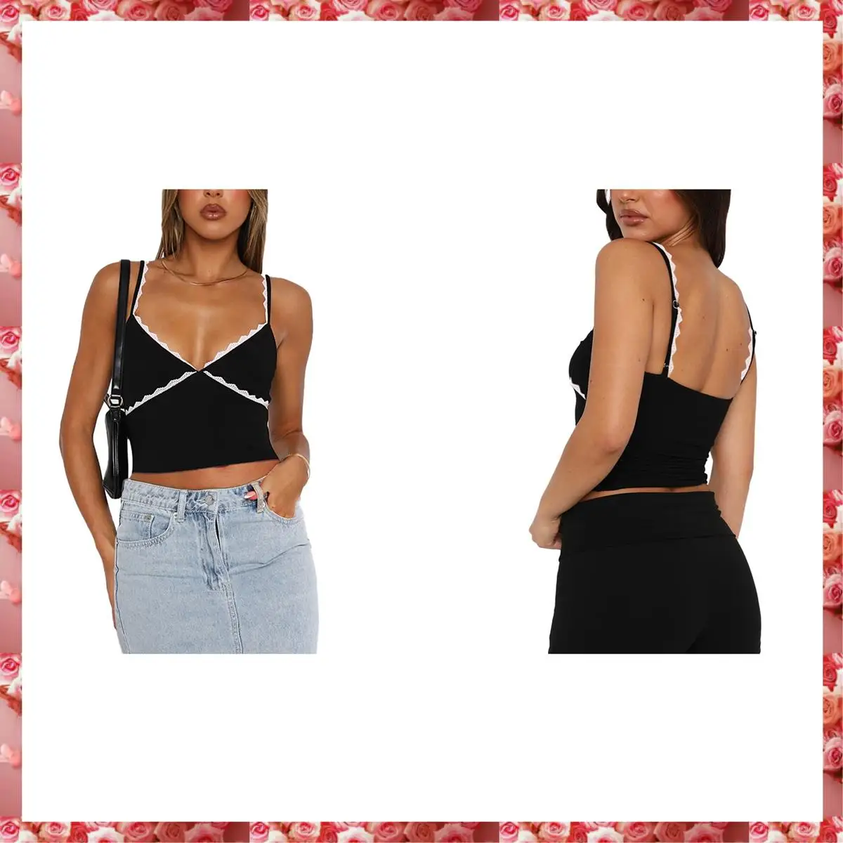 여성 스파게티 스트랩 크롭탑 Y2K 레이스 속옷 탑 귀여운 캐미솔 외출 탱크탑