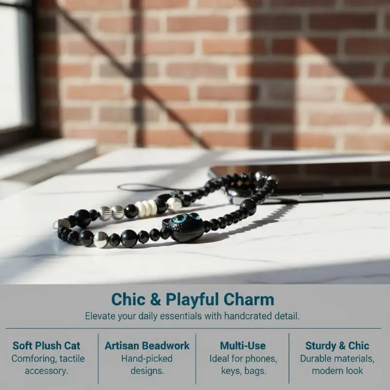 Mobile Phone Lanyard Cartoon Cat Themed Anti-Lost Wrist Strap Delicate Beaded Bracelet for Women Office Commuting Use