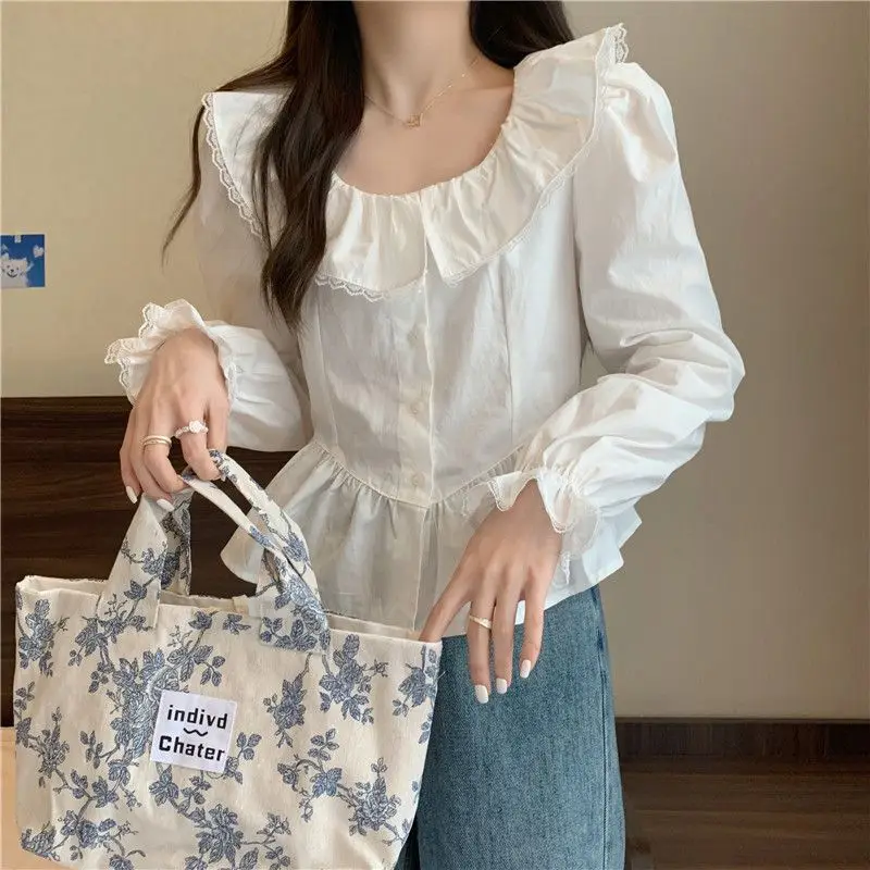 Shirt Doll Collar Ruffled Pure Cotton Spring Style Sweet Age-Reducing Loose Slimming Super Fairy White Shirt