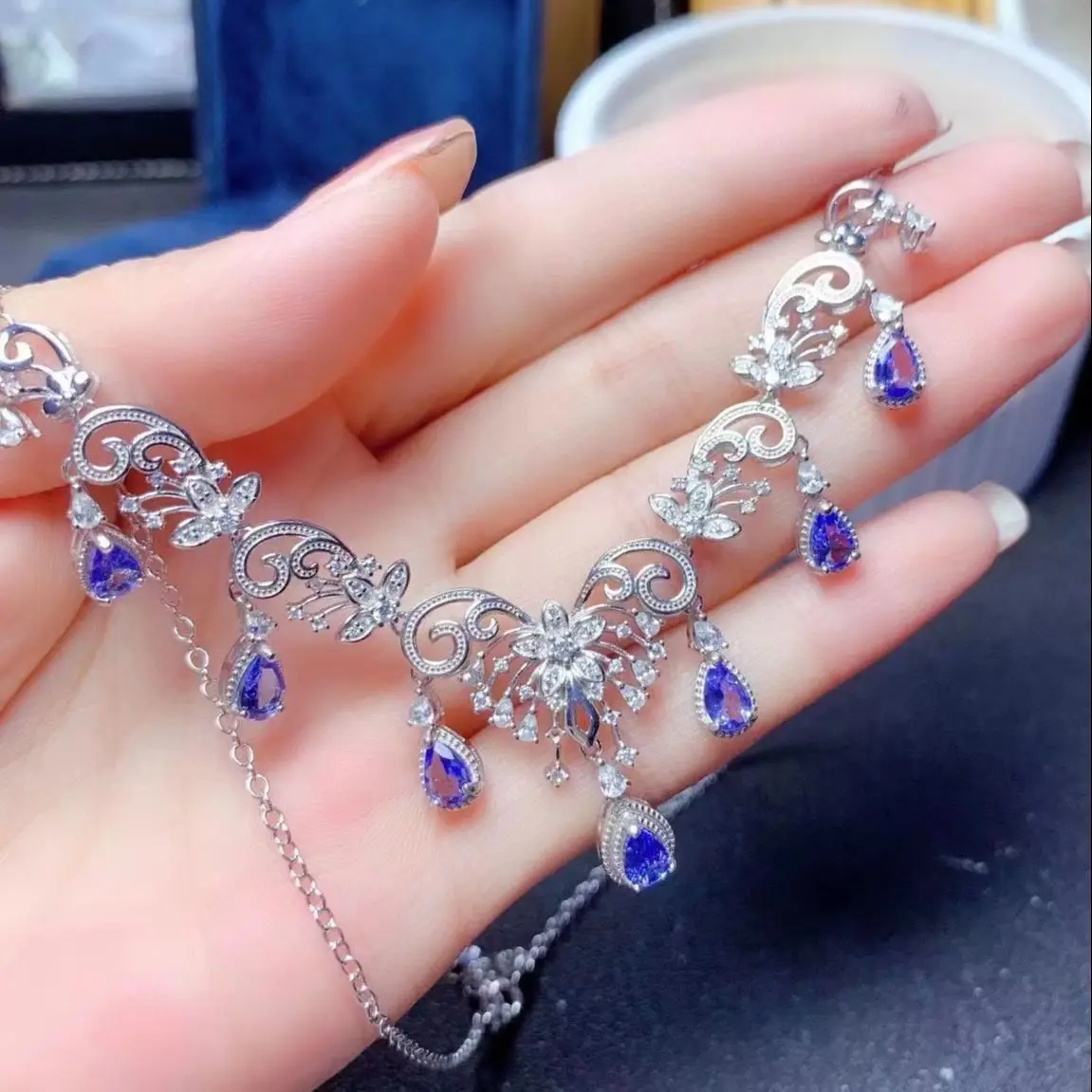 

FS Natural 4*6 Tanzanite/Tourmaline Luxury Necklace S925 Pure Silver Fine Fashion Charm Wedding Jewelry Gift for Women MeiBaPJ