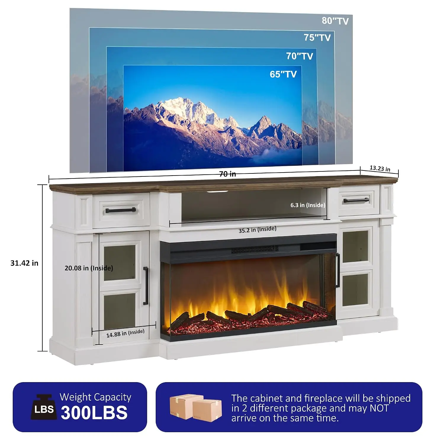 3-Side Fireplace TV Stand For Up To 80 Inch TV, LED Entertainment Center With 36 Inch Electric Fireplace, Farmhouse, Customized