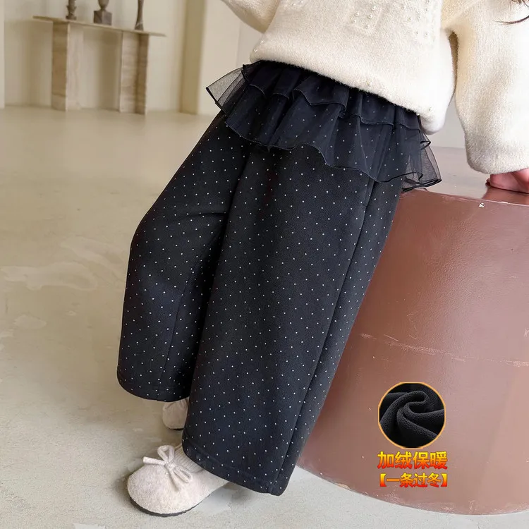 Wide-leg Pants Children's Autumn and Winter New Baby Girl Casual Polka Dot Straight-leg Pants Little Girl Thickened Trousers