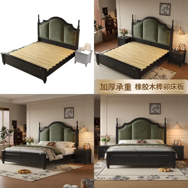 Retro Solid Oak Double Bed with Black Upholstered Headboard French Light Luxury 1.5m 1.8m Master Bedroom Furniture