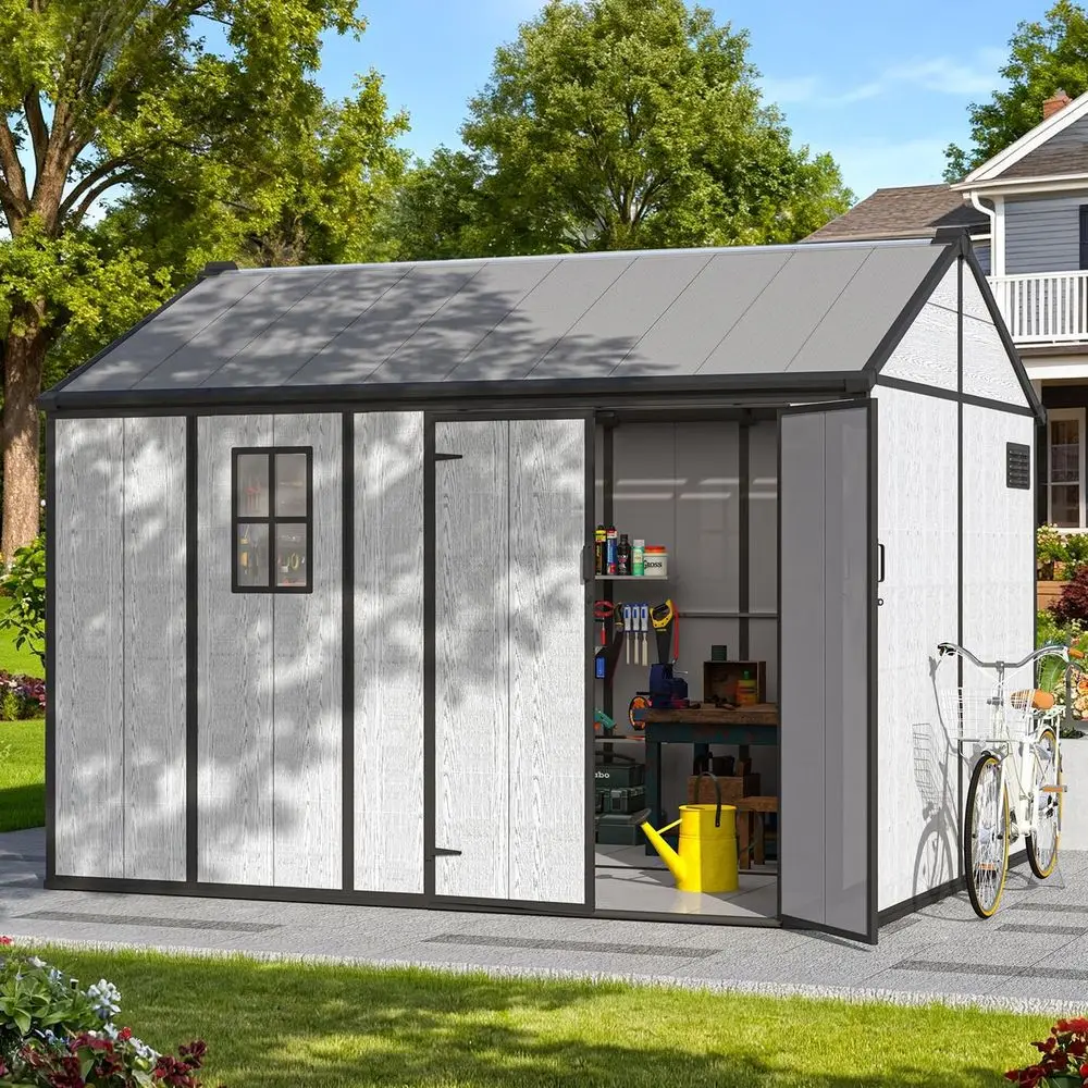 

10x8 Outdoor Storage Shed - Weather-Resistant Plastic with Floor, Lockable Door & Windows, Ideal for Garden, Patio, Backyard