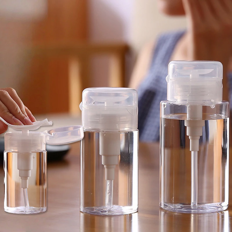 Botella limpiadora, botella transparente, botella dispensadora con bomba bloqueable vacía de empuje hacia abajo para esmalte de uñas y removedor de maquillaje
