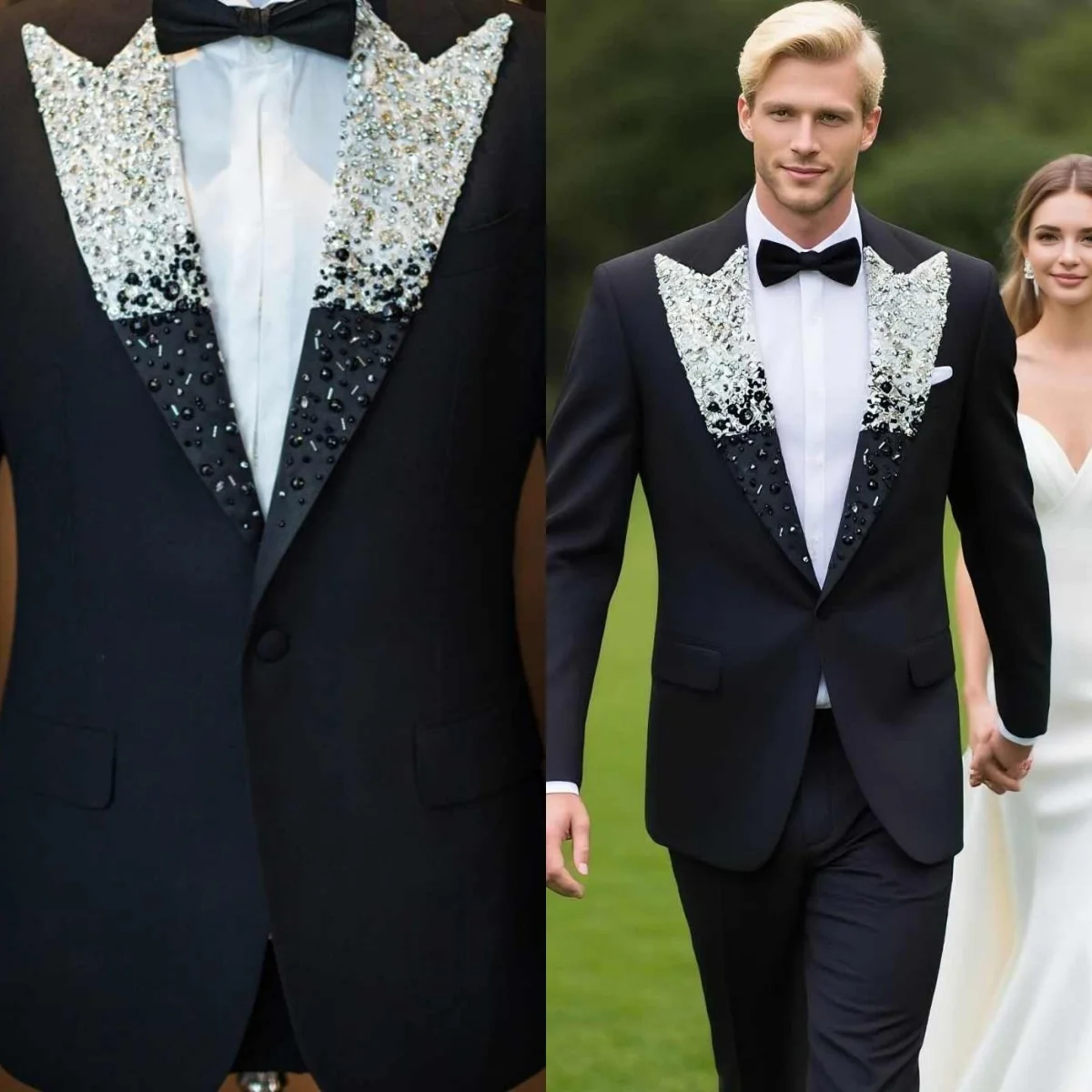 

Luxurious Crystals Men Suits Peaked Lapel One Button Pant Sets Beadeds Classic Fit Groom Wedding Customized Tuxedos 2 Pieces