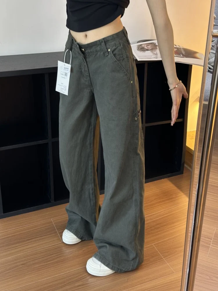 بالإضافة إلى حجم خمر الأمريكية العسكرية الدنيم السراويل النسائية فضفاضة عالية الخصر مستقيم الساق واسعة الساق ملابس العمل بنطلون #1